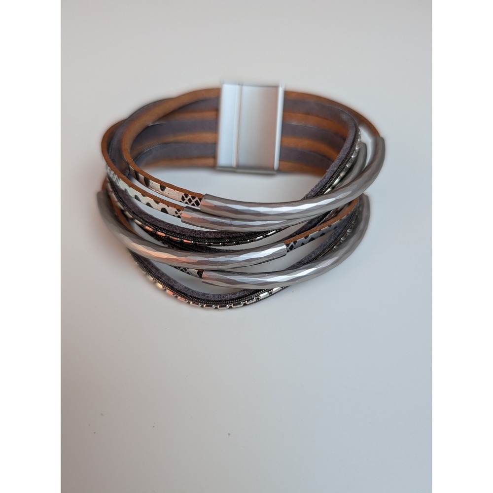 Saachi Style Multi-Strand Magnetic Cuff Bracelet Silver Grey Brown Boho Layered